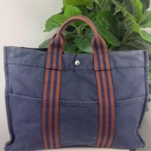 Hermes Fourre Tout, Blue & Brown Canvas Tote